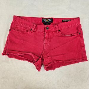 Lucky Brand Riley Red Raw Hem Cut Off Denim Shorts Women Size 6/28 Low-Rise